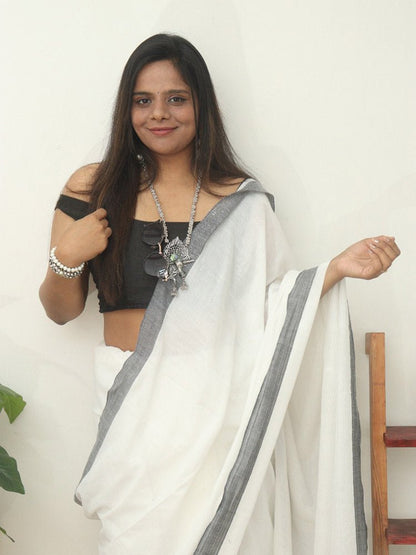 White Bengal Plain Cotton Saree - divyaindia 