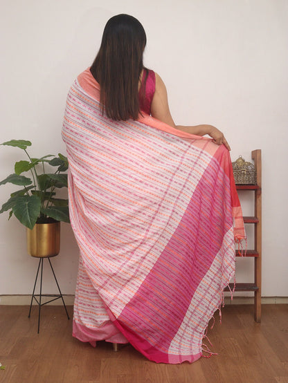 White Handloom Bengal Cotton Saree - divyaindia 