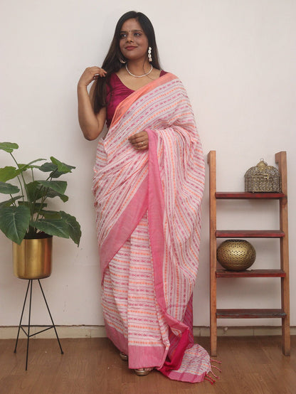 White Handloom Bengal Cotton Saree - divyaindia 