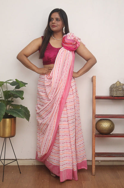 White Handloom Bengal Cotton Saree - divyaindia 