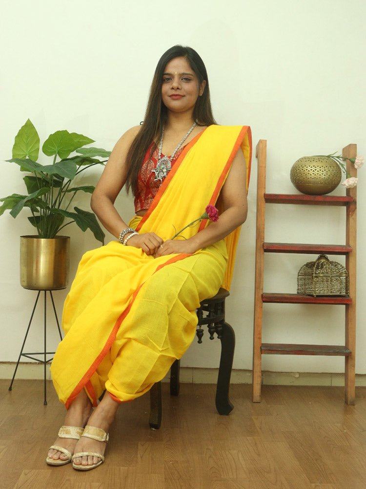 Yellow Bengal Plain Cotton Saree - divyaindia 